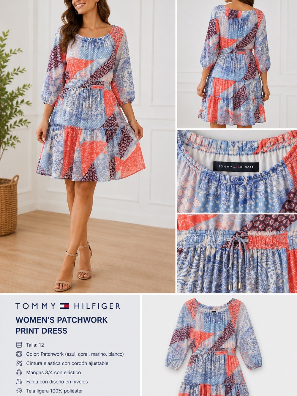 Tommy Hilfiger Blue and Coral Patchwork Print Women's Dress